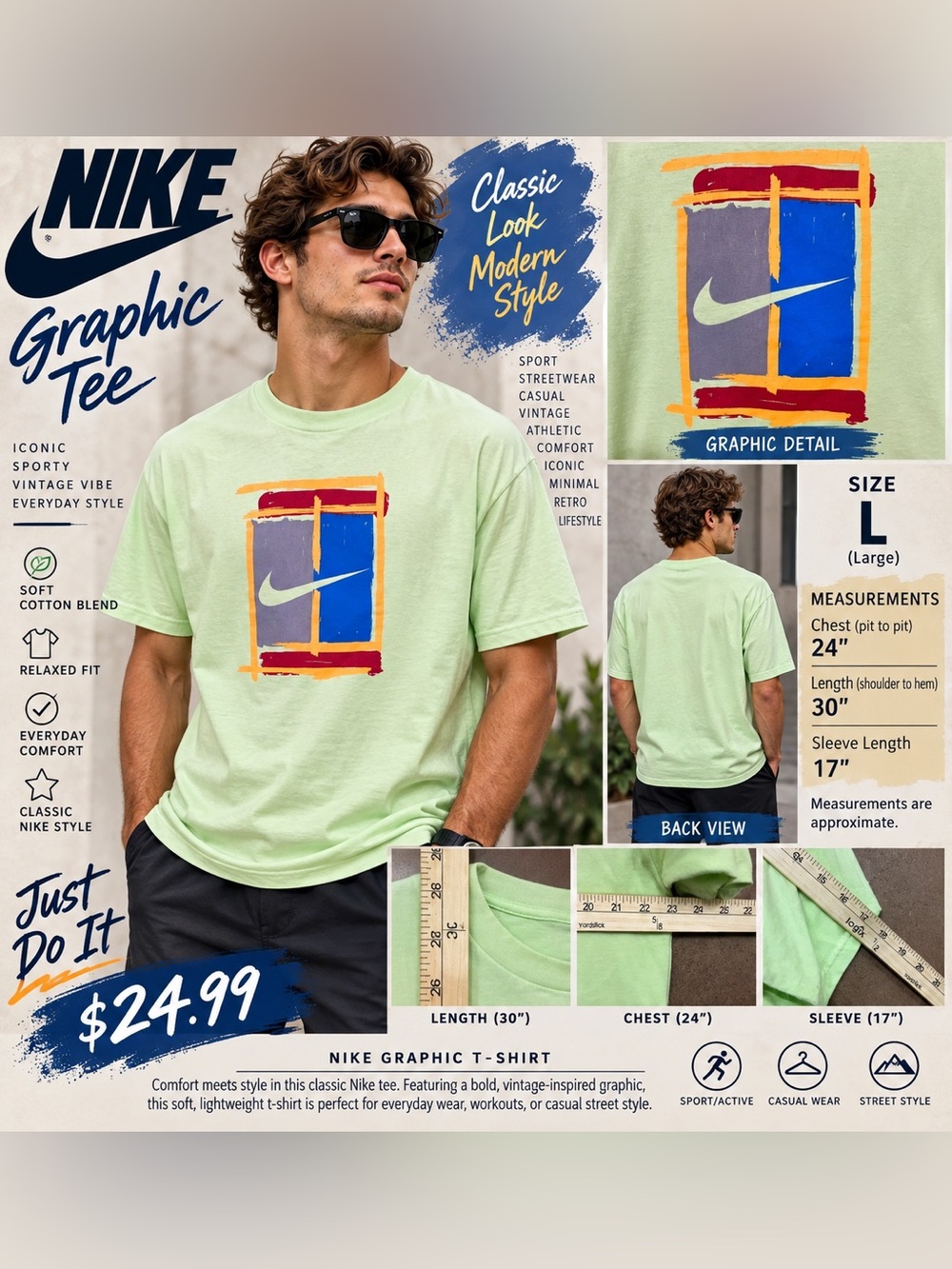 Nike Mint Green Short Sleeve Tee with Multicolor Window Graphic